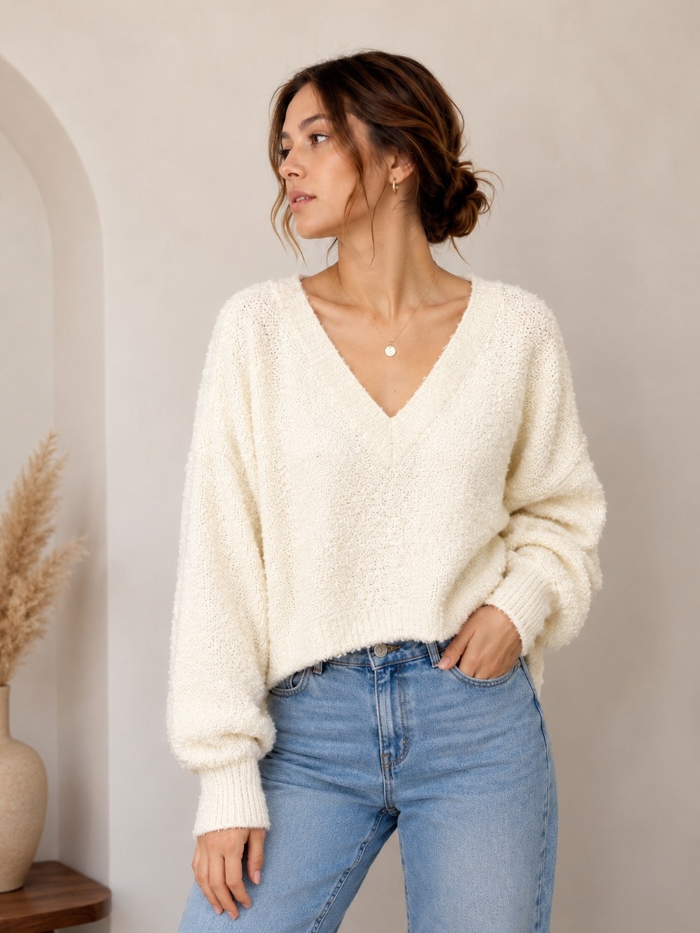 Pilcro Cream Textured V-Neck Sweater | Cozy Bouclé Knit Oversized Pullover
